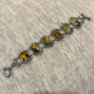 Religious Icon Silver-Tone Link Bracelet with Yellow & Blue Panels